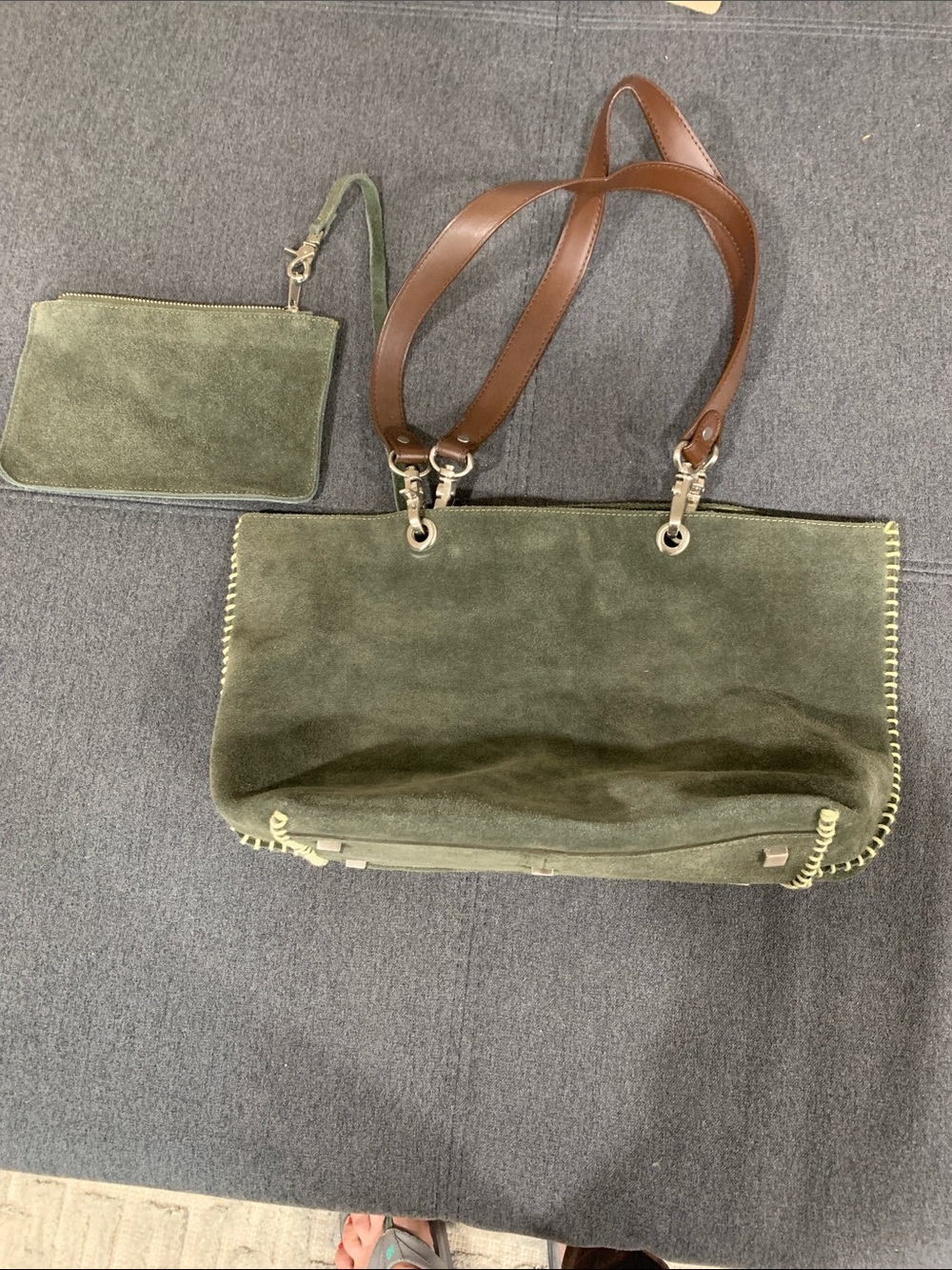 Chico’s Olive Green Suede Tote with Brown Leather Straps